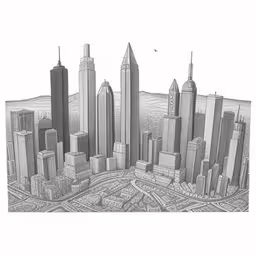 the drawing is on paper, so that you can see a cityscape,a drawing of the city skyline in pencil
