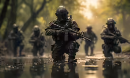 an image of military men walking through the rain
