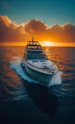a large boat moving on the ocean during sunset