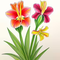 a couple of flowers sitting on top of a green plant,a bunch of flowers that are next to each other