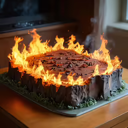 a cake on a counter with a lit flame
