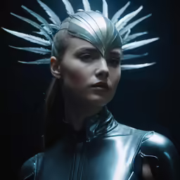 a woman with spikes on her head wearing armor