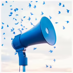 a flock of birds flying around a blue megaphone