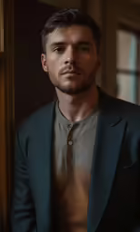a man wearing a black blazer looks into the camera