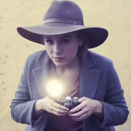 a woman with a grey hat, a blue jacket, and a light in her hand