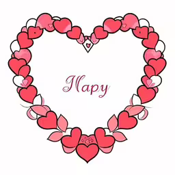 heart shaped frame made up of pink hearts with a text happy on the inside,a heart with many hearts on a white background