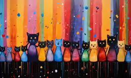 many cats are lined up with different colors