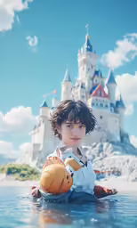 a small boy holding onto a toy in the water