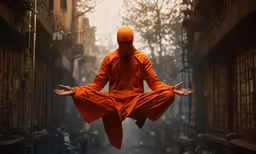 a person is dressed in an orange outfit and doing yoga
