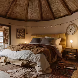 a bed in the corner of a room that is decorated with lights and a canopy