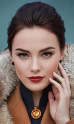 a woman in fur coat holding her hands against her face