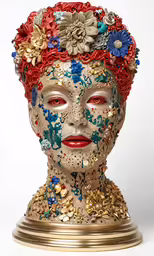 an odd looking head statue made of flowers