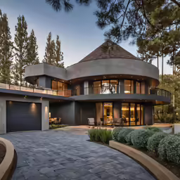 a big circular home with nice architecture and an entrance way