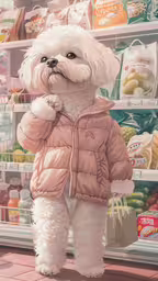 a white fluffy dog in a pink coat standing in front of a supermarket,a small dog wearing a pink jacket standing in front of a grocery display
