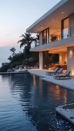 an exotic home with a pool and deck chairs overlooking the ocean