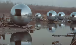 several silver balls sitting in the water near each other