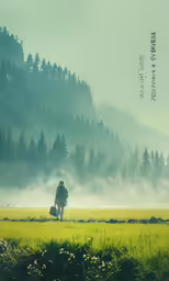 the person with their backpacks is in a misty field
