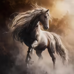 a horse running in the dust surrounded by trees