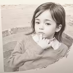 a black and white image of a little girl with her hands on her face