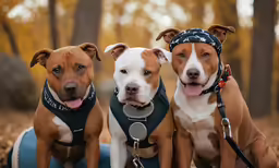 three brown and white dogs with bandanas