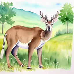 a painting of a deer with big antlers and long antlers,an oil painting of a deer on a field