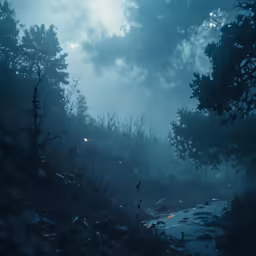 some trees are on a rainy day in a wooded area