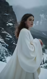 a woman in a white robe stands outside in the snow