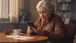 an old woman looks at her smartphone in a room