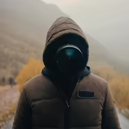 man in hoody on mountain with camera on his shoulder