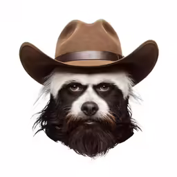 a black and white racoon wearing a brown hat