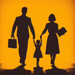the silhouette of a family walking down the street with their hands in the air