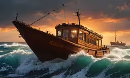 a boat sitting on top of a large body of water,a brown boat is riding through the ocean