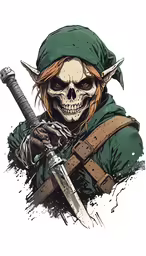 a skeleton dressed in green holding two swords