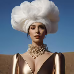 a woman is dressed in a gold outfit
