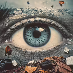 this is a picture of an eye with blue eyes and tiny leaves