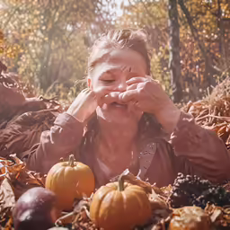a woman laying on a pile of leaves near pumpkins