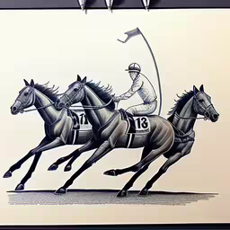 a drawing of two jockeys on their horses,a drawing of two horses with two jockeys on them