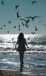 a little girl in a white dress and seagulls flying around