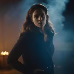 a woman with a dark coat and smoking cigarette