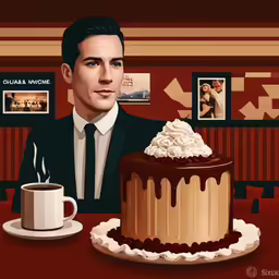 a man is sitting in front of a chocolate cake