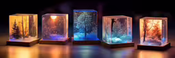 a variety of lit up snow globes with various colors,five glowing lanterns that look like trees in the woods
