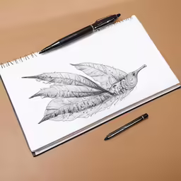a sketch of a leaf on a notebook and pen