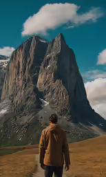 man walking up path in front of rocky mountain