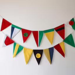 a decorative flag garland on a white wall
