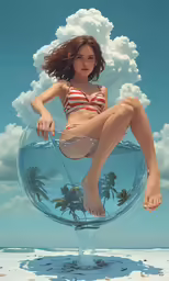 a woman in bikini is sitting inside a bubble on the beach
