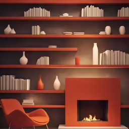 modern living room with fire place and bookshelves
