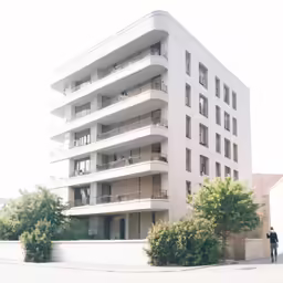 a tall white building with balconies on the windows