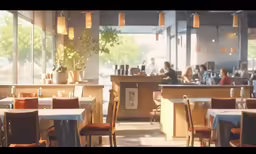 some tables are lined up in a restaurant
