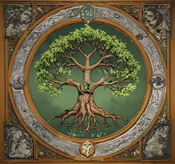 the tree of life is depicted in an ornate gold frame,the tree of life in this drawing is similar to the zodiac sign