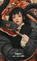 a young woman holding a broom next to a pile of blankets